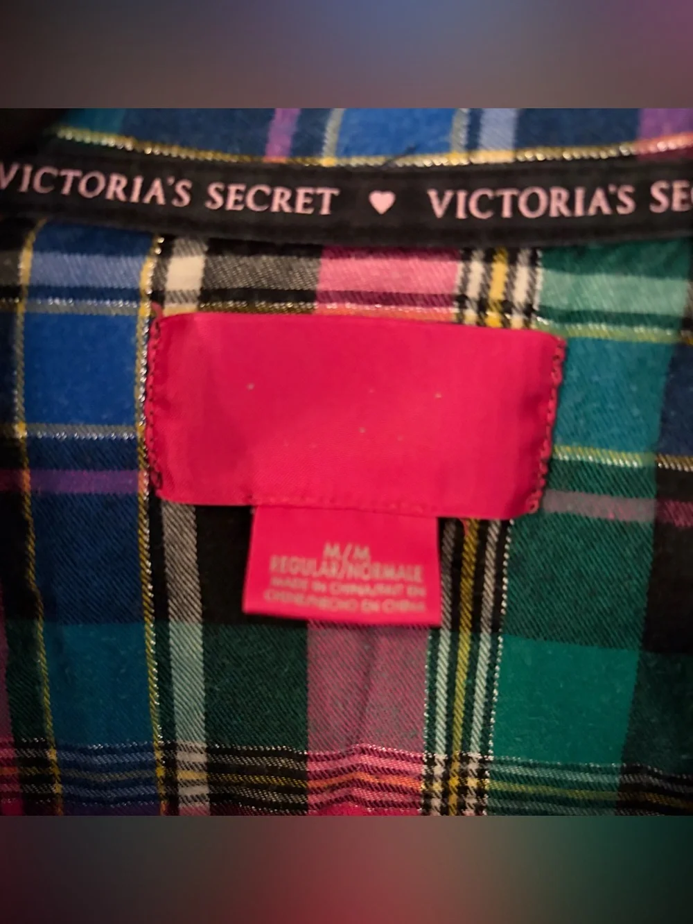 Victorias Secret Plaid Pajamas Top Pants PJ Set Size M Pink Green Blue Sparkle